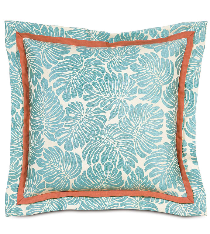 Capri Euro Sham - PALM LEAF PILLOW,TROPICAL PALM PILLOW,BLUE TROPICAL PILLOW,BLUE AND ORANGE,BRIGHT TROPICAL PILLOW,BEACH STYLE PILLOW,REVERSIBLE,OVERSIZED TROPICAL PILLOW,FOLIAGE,NATURAL,WOVEN