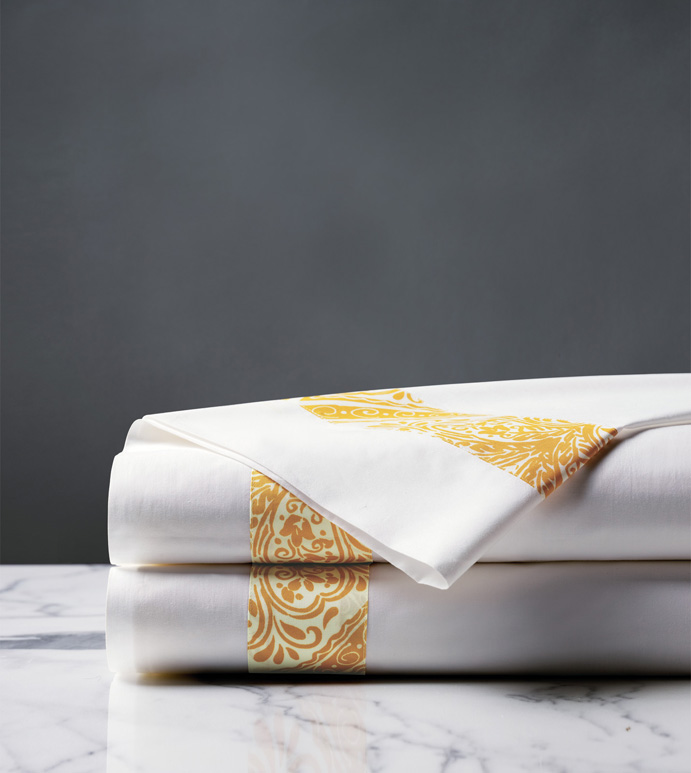 Adelle Percale Flat Sheet in Saffron - 100% COTTON,EGYPTIAN COTTON,ITALIAN,FINE LINENS,LINENS,SHEETS,SHEETING,FLAT SHEET,DAMASK,DAMASK PATTERN,GREEN,TRADITIONAL,OGEE,BED LINENS,EASTERN ACCENTS,PERCALE,MADE IN AMERICA,