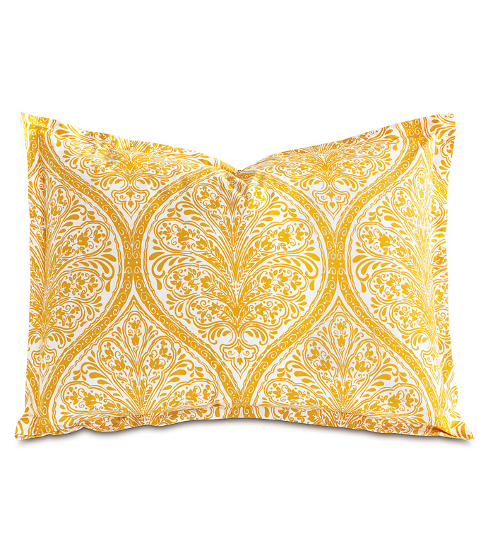 Adelle Percale King SHam in Saffron - KING SHAM,PILLOW,DECORATIVE PILLOW,YELLOW,BRIGHT,COLORFUL,OGEE,MEDALLION,DAMASK,JACQUARD,EASTERN ACCENTS,PATTERNED,PRINT,LUXURY BEDDING,FINE LINENS,PERCALE,ITALIAN FINE LINENS,