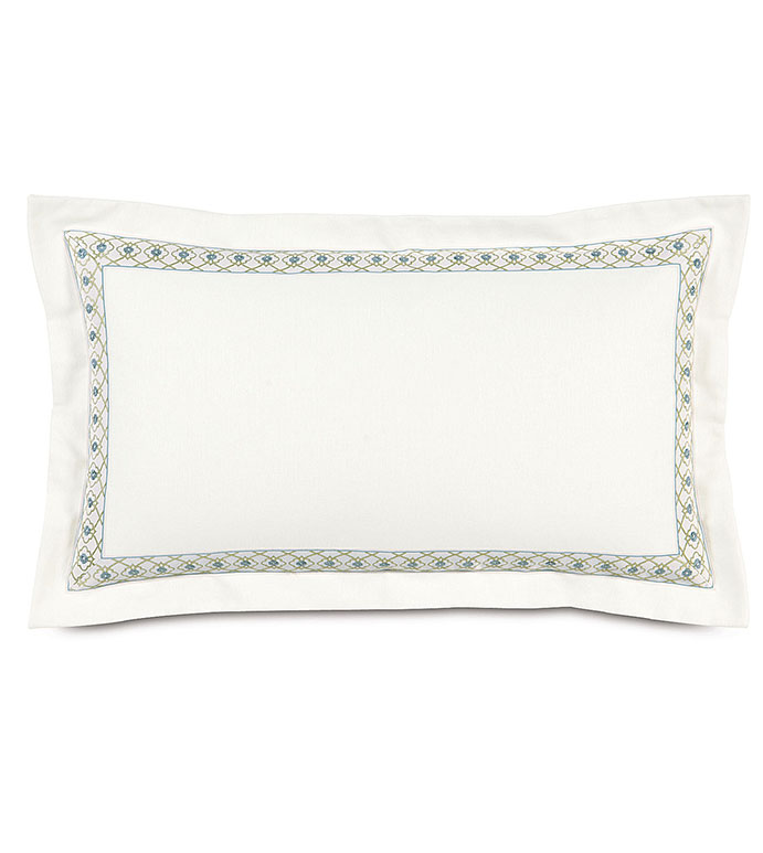 Filly White King Sham - WHITE DECORATIVE KING SHAM,WHITE WITH GREEN TRIM,SHAM WITH SELF FLANGE,INSET BORDER,FEMININE,CASUAL CONTEMPORARY,WHITE AND GREEN,WHITE AND BLUE,PASTEL,GEOMETRIC,FLORAL,