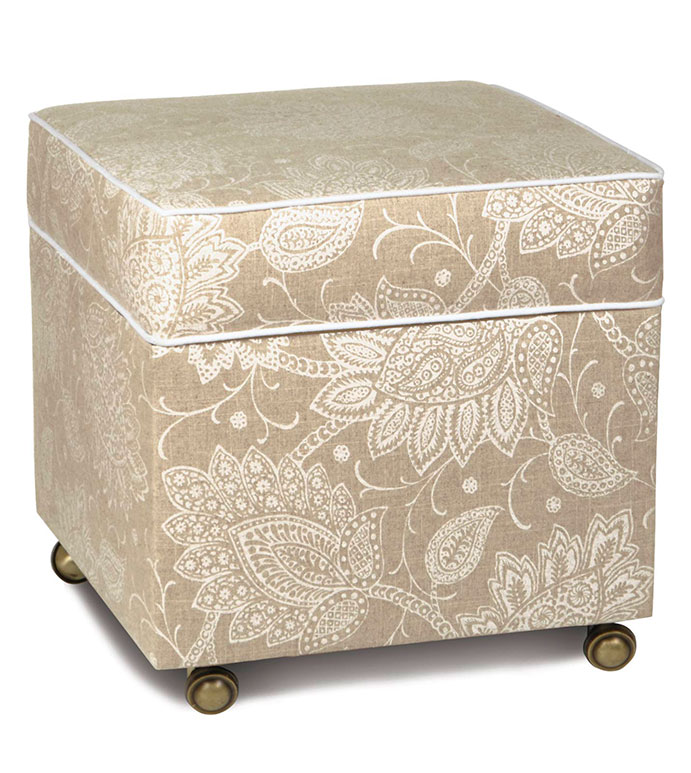 AILEEN STORAGE OTTOMAN - PAISLEY OTTOMAN,PAISLEY STORAGE OTTOMAN,TAN AND WHITE OTTOMAN,STORAGE CUBE,STORAGE FURNITURE,UPHOLSTERY,PAISLEY PRINT,TAN,WHITE,CREAM,NEUTRAL,CASTER WHEELS,TRANSITIONAL,IVORY