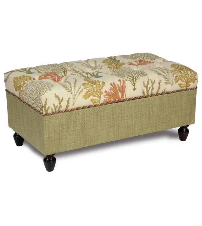CAICOS STORAGE CHEST - TROPICAL STORAGE CHEST,TROPICAL TUFTED OTTOMAN,BEACH HOUSE OTTOMAN,TROPICAL UPHOLSTERED CHEST,GREEN AND TAN,EARTH TONE,CORAL REEF OTTOMAN,DEEP TUFTED OTTOMAN,BEACH STYLE,MUTED