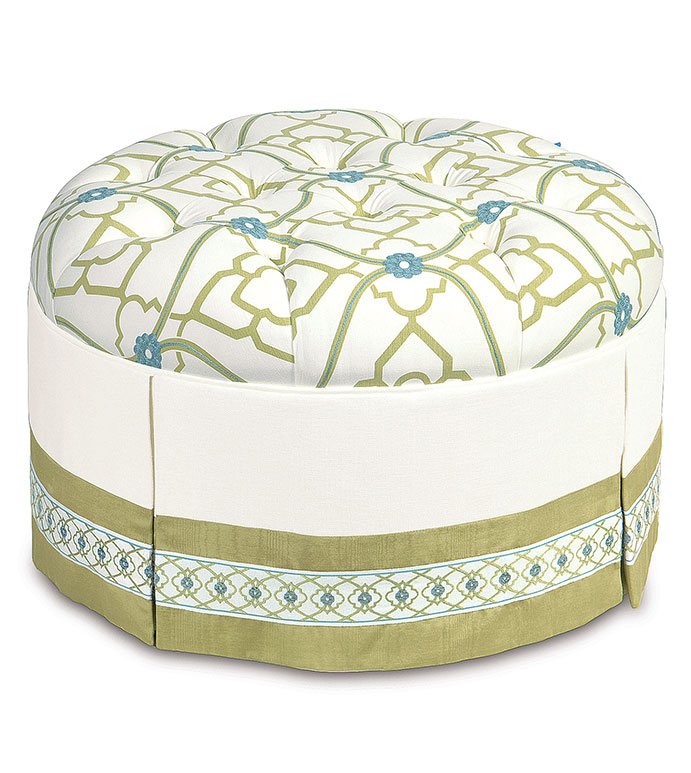 BRADSHAW ROUND OTTOMAN - GREEN TUFTED OTTOMAN,FLORAL TUFTED OTTOMAN,EMBROIDERED TUFTED OTTOMAN,DEEP TUFTED,ROUND TUFTED OTTOMAN,GREEN AND WHITE,WHITE AND BLUE,TWEEN ROOM FURNITURE,BRIGHT FLORAL OTTOMAN