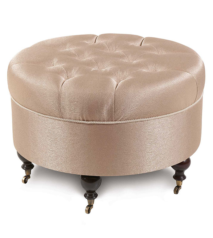 Dunaway Fawn Round Ottoman - SHINY,TAN,GLAMOUR,METALLIC,ELEGANT,FEMININE,GOLD,LUXURY,CHAMPAGNE,PILLOW,DECORATIVE,HOME DECOR,BEIGE,LUXURY ,ACCENT,DESIGN,OTTOMAN,UPHOLSTERY,TUFTED,DEEP TUFTED,BUTTON TUFTED,ROUND