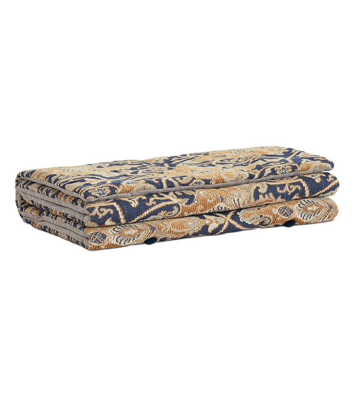 Arthur Ochre Bed Scarf - PAISLEY BED SCARF,GOLD PAISLEY BEDDING,PAISLEY DECORATIVE BEDDING,BUTTON TUFTED,TRADITIONAL,MASCULINE,CLASSIC,LARGE PAISLEY,WOVEN,MENS ROOM BEDDING,TRADITIONAL BEDDING,BLUE AND TAN