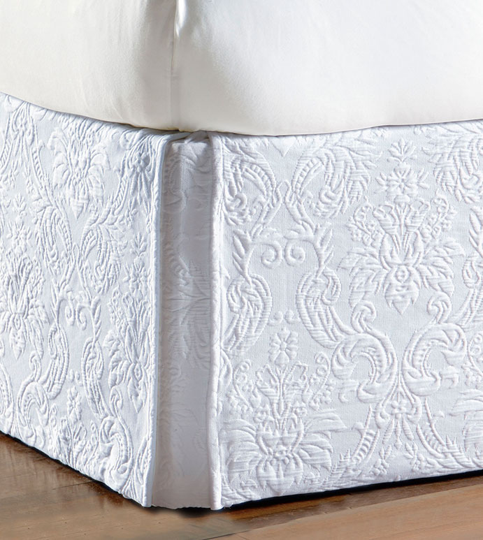 Sandrine White Bed Skirt - bed skirt,matelasse bed skirt,queen bed skirt,white bedskirt,queen dust ruffle,custom bedskirt,classic bed skirt,customizeable bed skirt,luxury bedding,high end bedding,boxed skirt