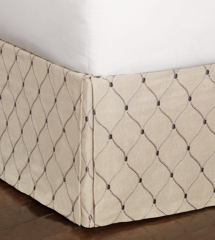Branson Ivy Bed Skirt - gray pleated bed skirt,gray pleated dust ruffle,corner pleated bed skirt,embroidered bed skirt,embroidered dust ruffle,gray and tan,tranisitional,kick pleat,box pleat,neutral,beige