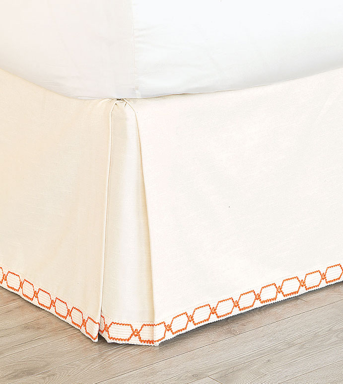 Witcoff Ivory Bed Skirt - ivory pleated bed skirt,cream bed skirt,corner pleated bed skirt,white and orange bed skirt,accent trim,graphic trim,kick pleated bed skirt,neutral feminine,eclectic,contemporary