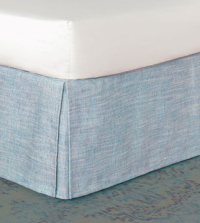 Draper Lake Bed Skirt - BLUE WOVEN BED SKIRT,BLUE WOVEN DUST RUFFLE,BLUE KICK PLEAT BED SKIRT,CORNER PLEAT,HEATHER BLUE,ISLAND BED SKIRT,TROPICAL BED SKIRT,SOLID BLUE,TROPICAL FEMININE,CASUAL COASTAL