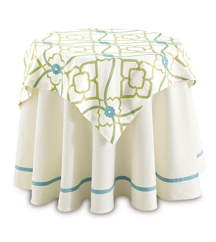 BRADSHAW TABLE SQUARE - green and blue table square,floral table square,small sqaure table cloth,embroidered green table cloth,bright floral table square,blue and green,white and green,feminine,casual