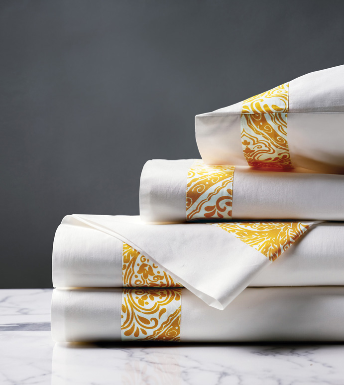 Adelle Percale Sheet Set in Saffron - 100% COTTON,EGYPTIAN COTTON,ITALIAN,FINE LINENS,LINENS,SHEETS,SHEETING,FLAT SHEET,DAMASK,DAMASK PATTERN,YELLOW,TRADITIONAL,OGEE,BED LINENS,EASTERN ACCENTS,PERCALE,MADE IN AMERICA,