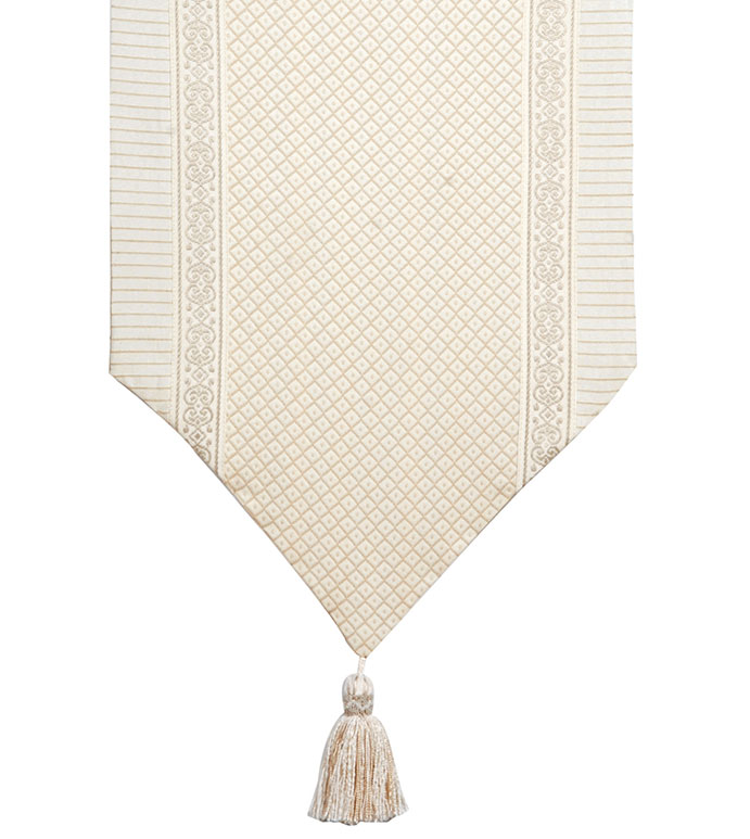 SHAWFORD BIRCH INSERT RUNNER - VICTORIAN TABLE RUNNER,IVORY TRADITIONAL TABLE RUNNER,TASSEL,REVERSIBLE TABLE RUNNER,TRADITIONAL HOME TABLE RUNNER,NEUTRAL CLASSIC,SOUTHERN CLASSIC,STRIPED,INSET TRIM,WHITE AND TAN